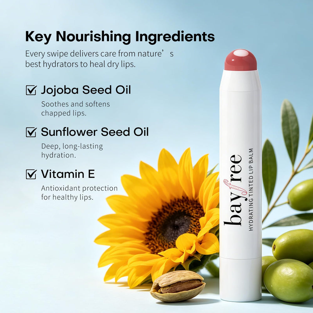 bayfree ingredient display with jojoba and vitamin E for restorative care