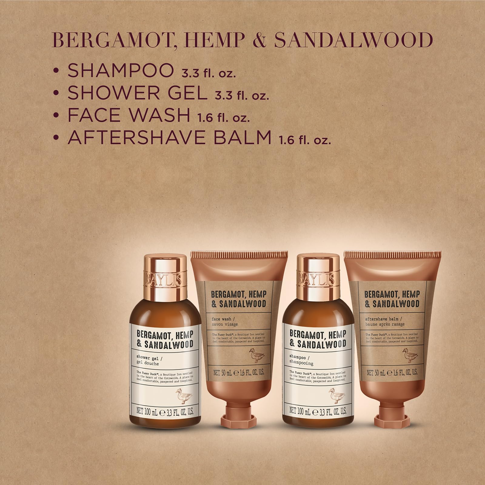 Baylis & Harding apothecary-style label close-up highlighting rustic design and product identity