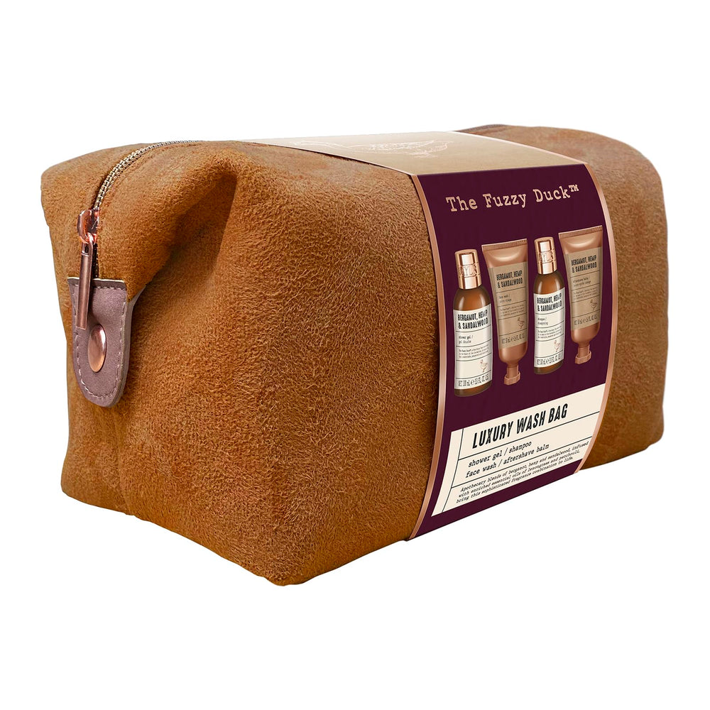 Baylis & Harding open wash bag displaying neatly arranged bottles and organised storage