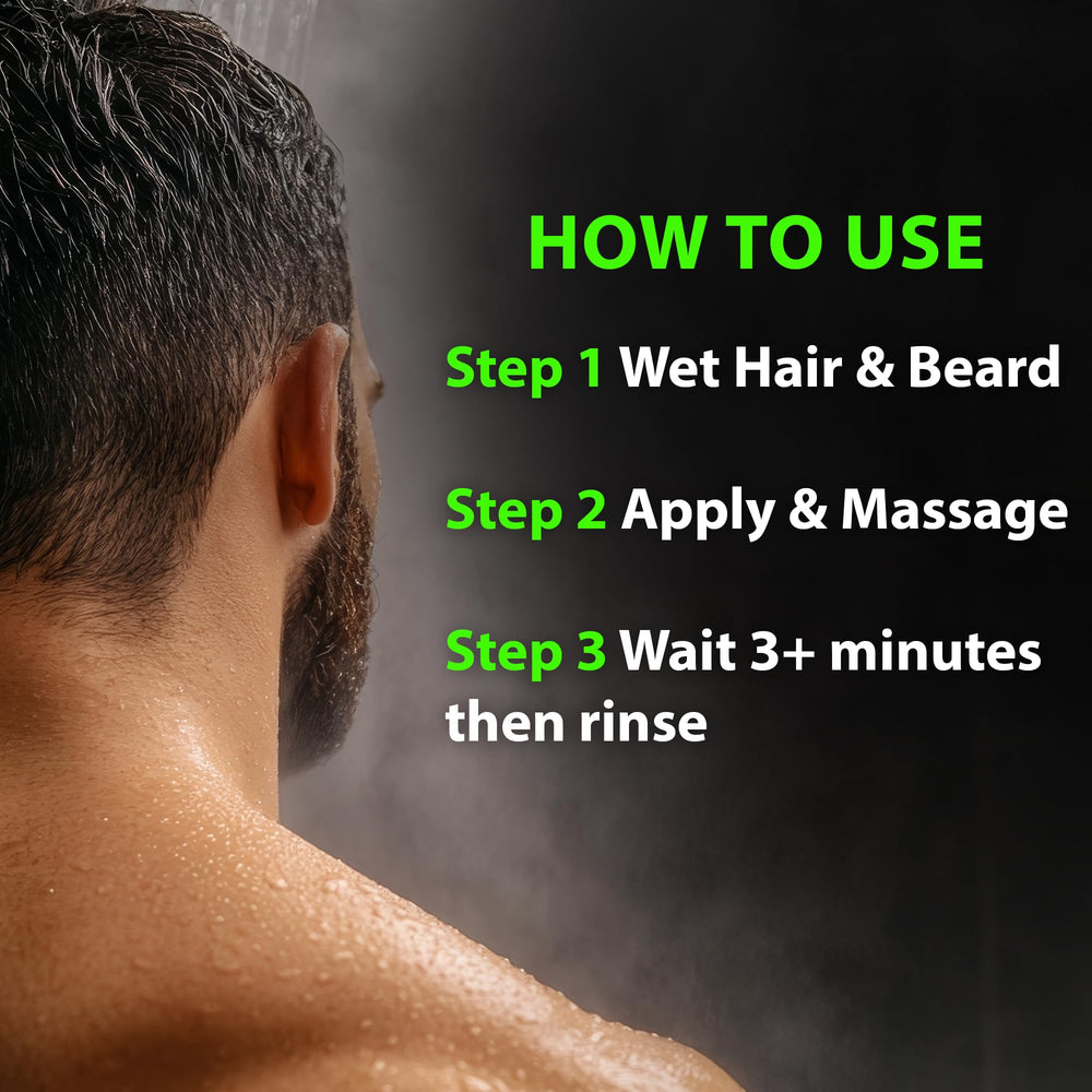 BBS BEST BEARD STUFF on bathroom counter styled in routine setting for practical lifestyle use