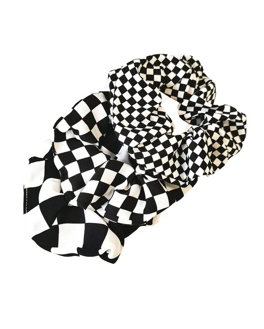 BBTDIN front view of three black white checkered scrunchies, stylish accessory