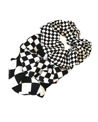 BBTDIN front view of three black white checkered scrunchies, stylish accessory