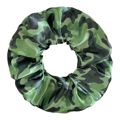 BBTDIN close-up fabric texture of camo scrunchie showing smooth finish benefit