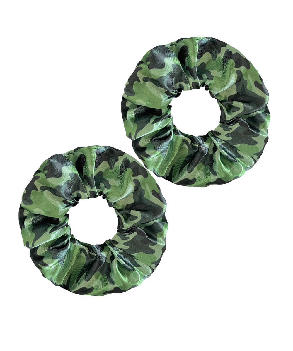 BBTDIN front view of green camo scrunchies showing print and fit benefit