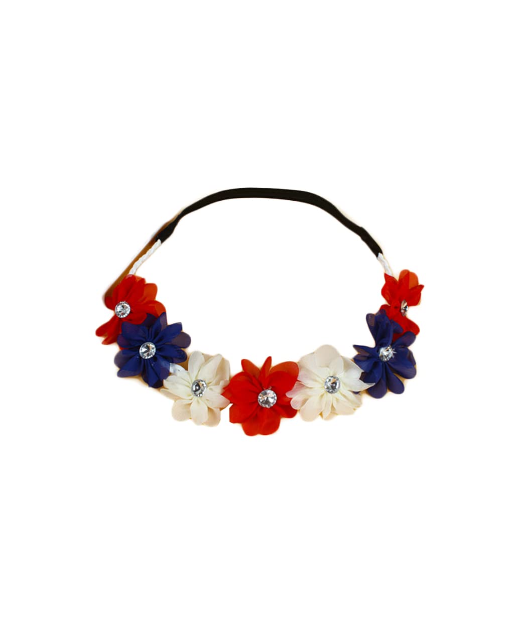 BBTDIN front view of red white blue flower crown showing festive styling benefit