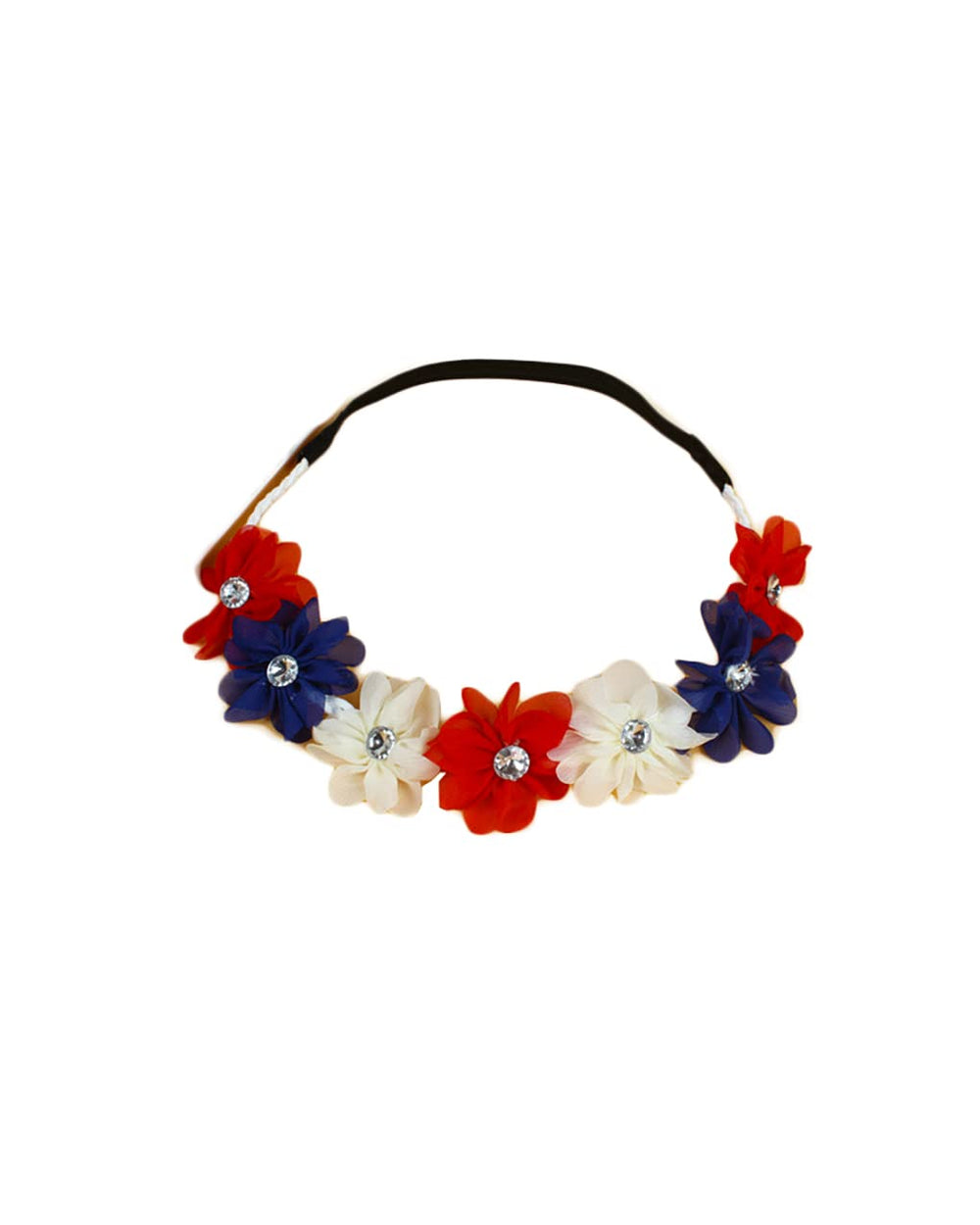 BBTDIN front view of red white blue flower crown showing festive styling benefit