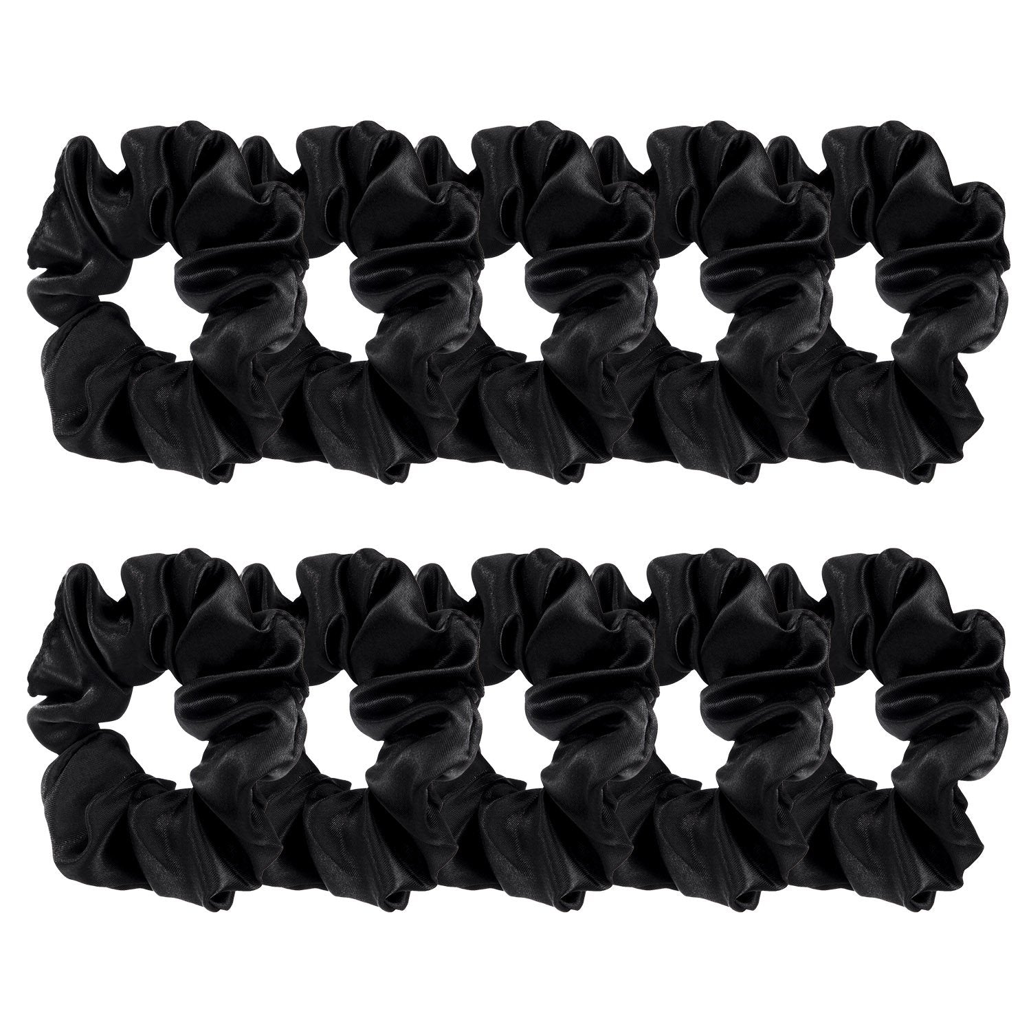BBTO front display of ten black satin scrunchies, neat set for daily use