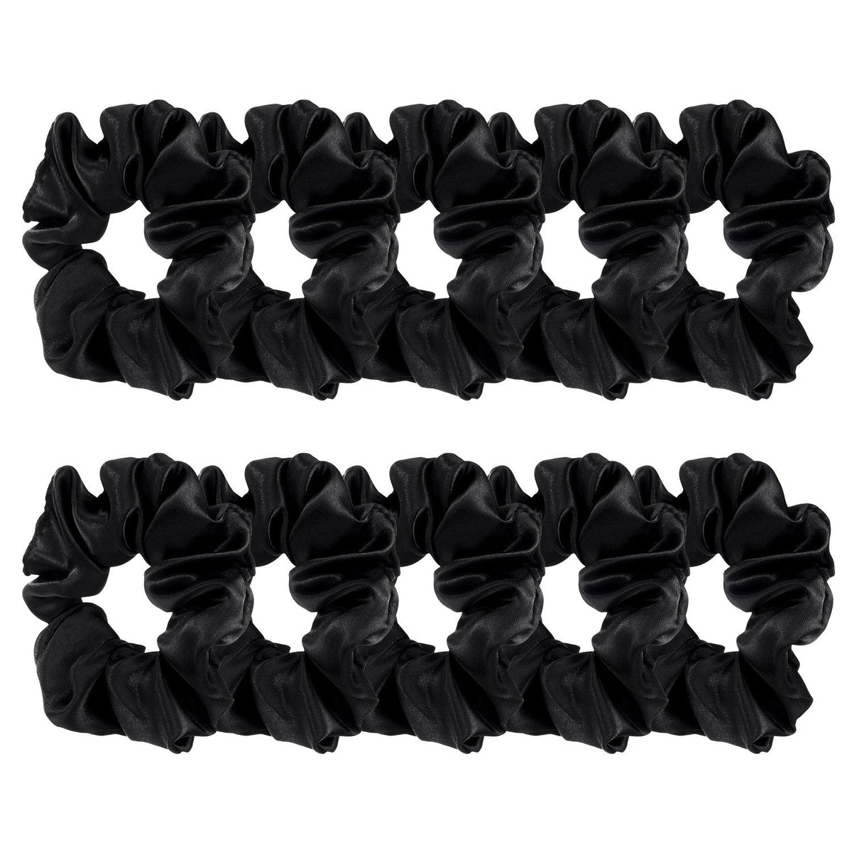 BBTO front display of ten black satin scrunchies, neat set for daily use