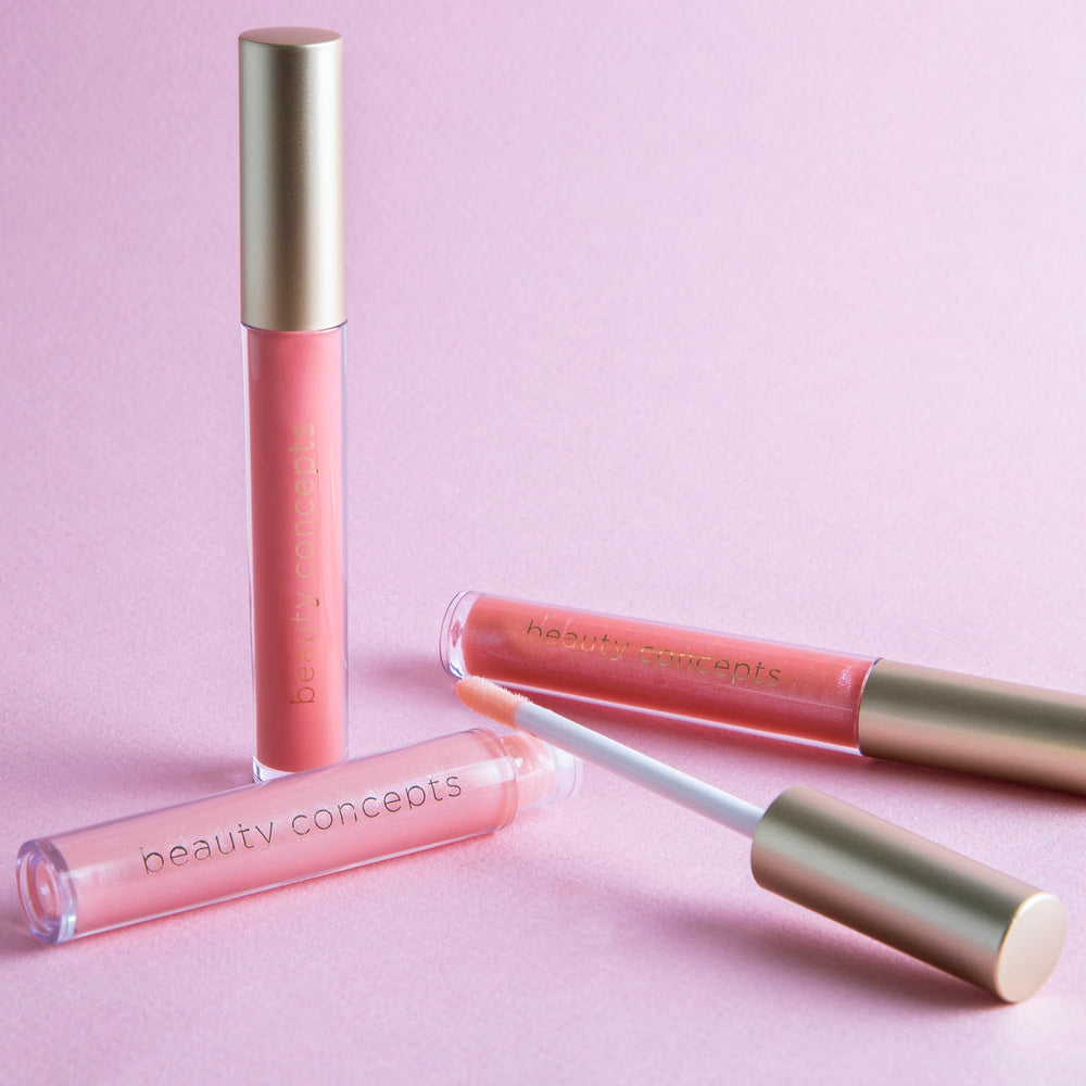 B.C BEAUTY CONCEPTS open box layout displaying all ten travel-sized gloss tubes clearly