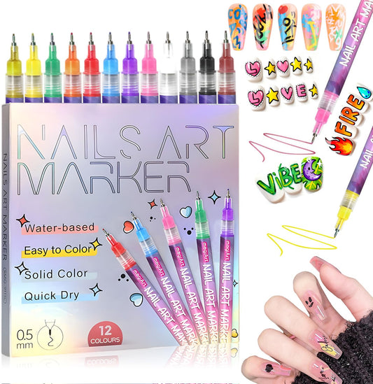 BCBU front packaging showing 12 vibrant nail art pens and color range benefit