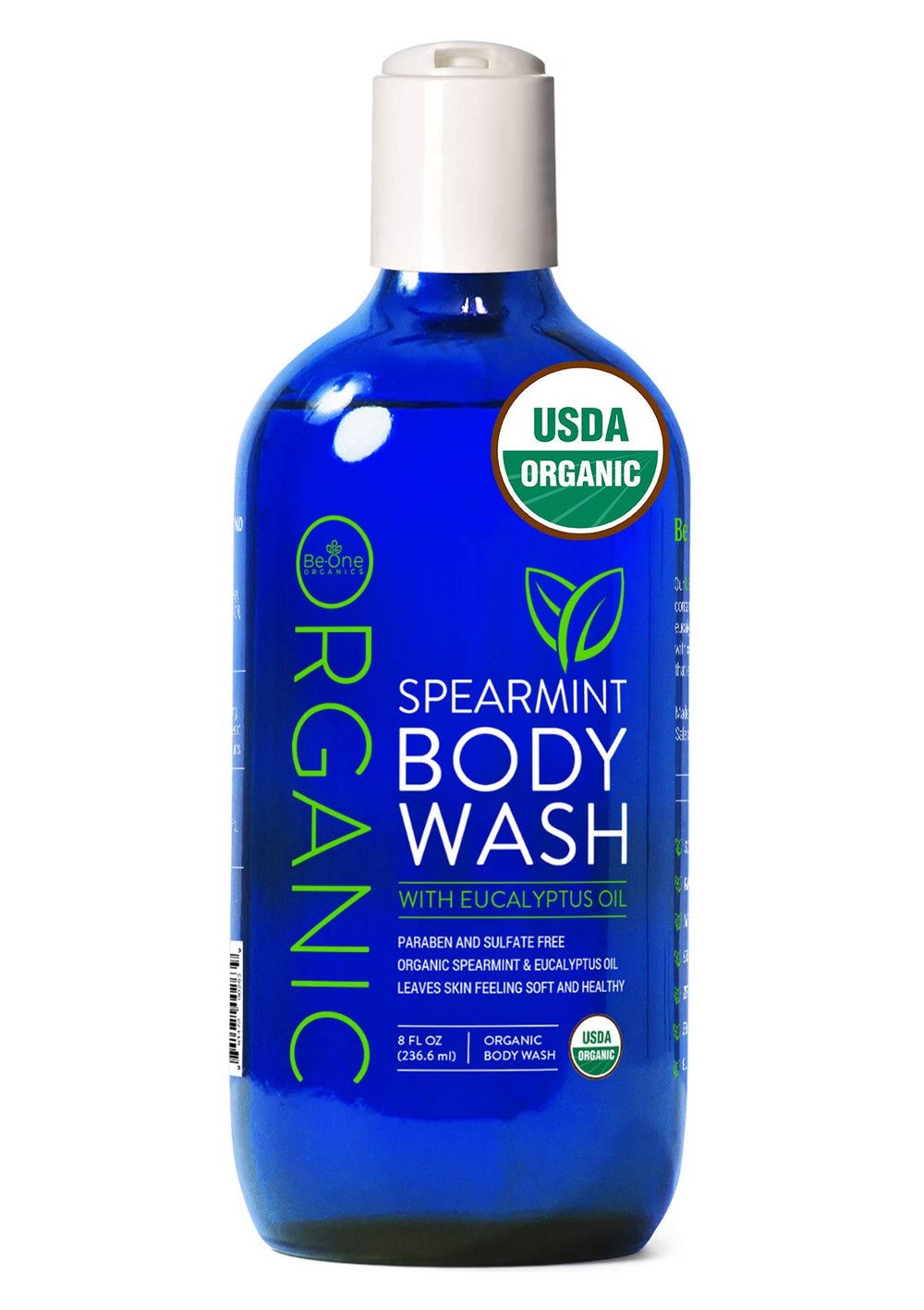 BE-ONE ORGANICS front bottle showing spearmint and eucalyptus label, clear organic certification