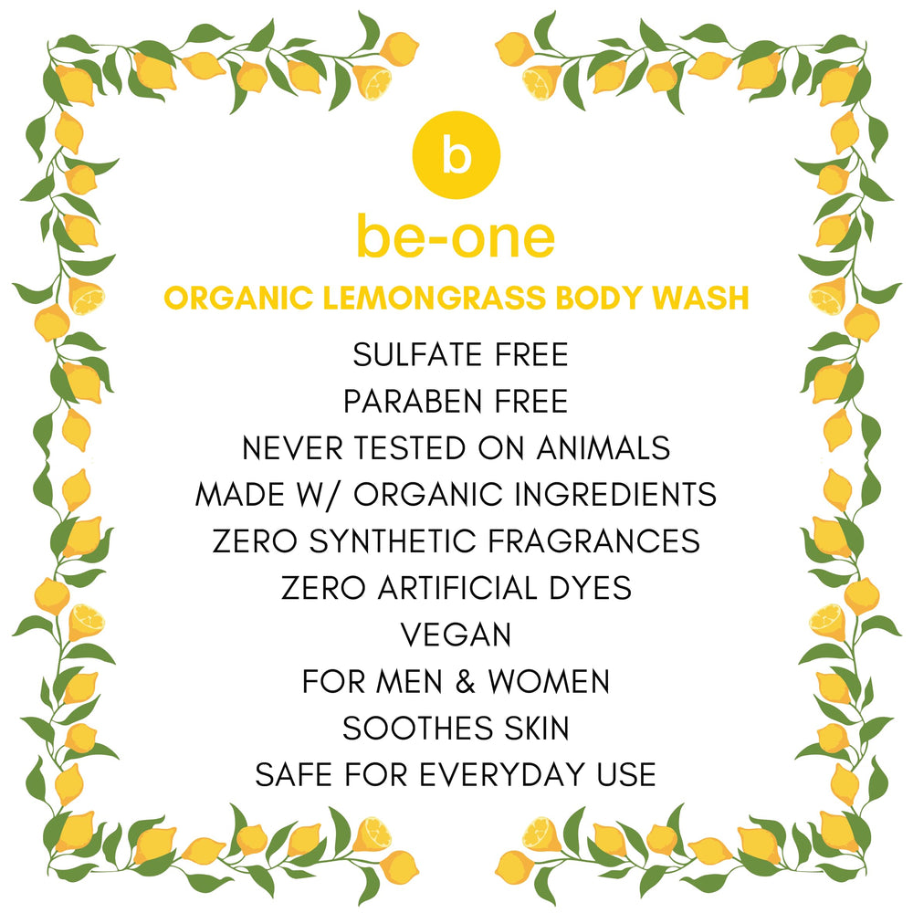 BE-ONE ORGANICS ingredients flatlay with lemongrass and oils demonstrating natural sourcing