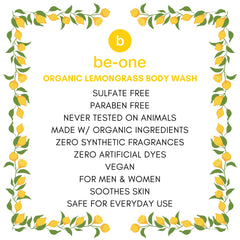 BE-ONE ORGANICS ingredients flatlay with lemongrass and oils demonstrating natural sourcing
