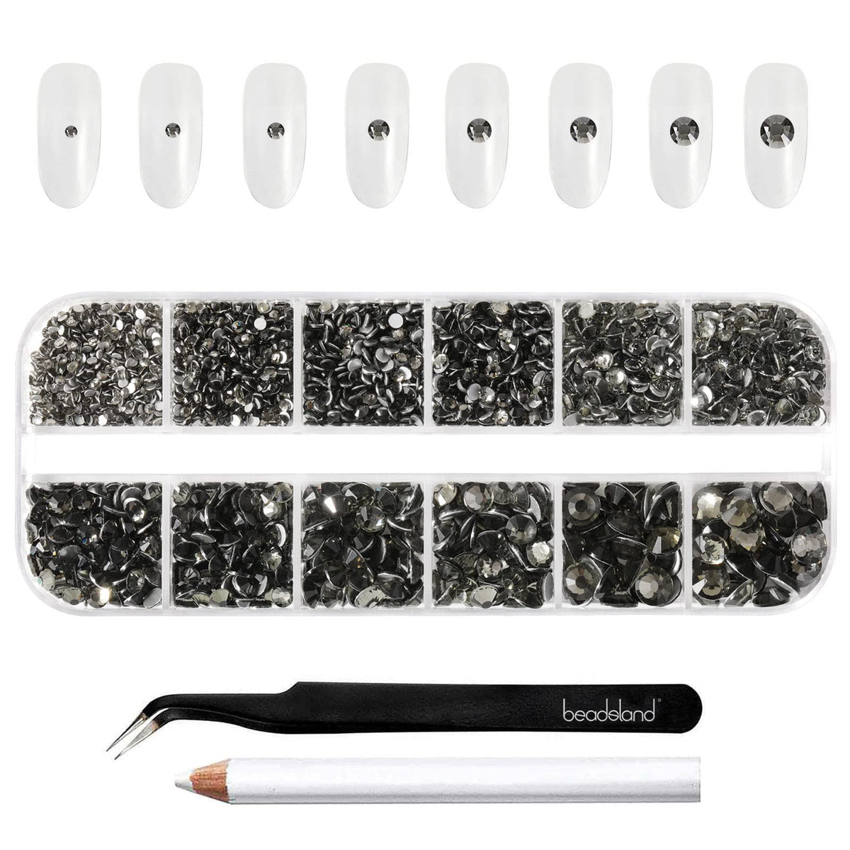 BEADSLAND front packaging showing organized rhinestone kit and benefits