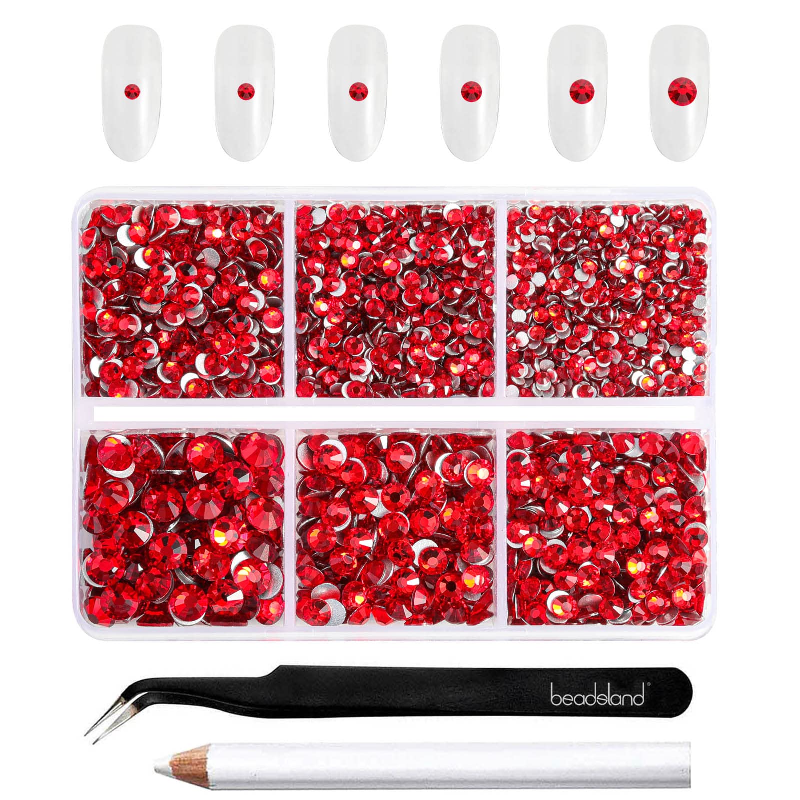 BEADSLAND boxed tray showing 4300 light red rhinestones organized by size, for easy selection
