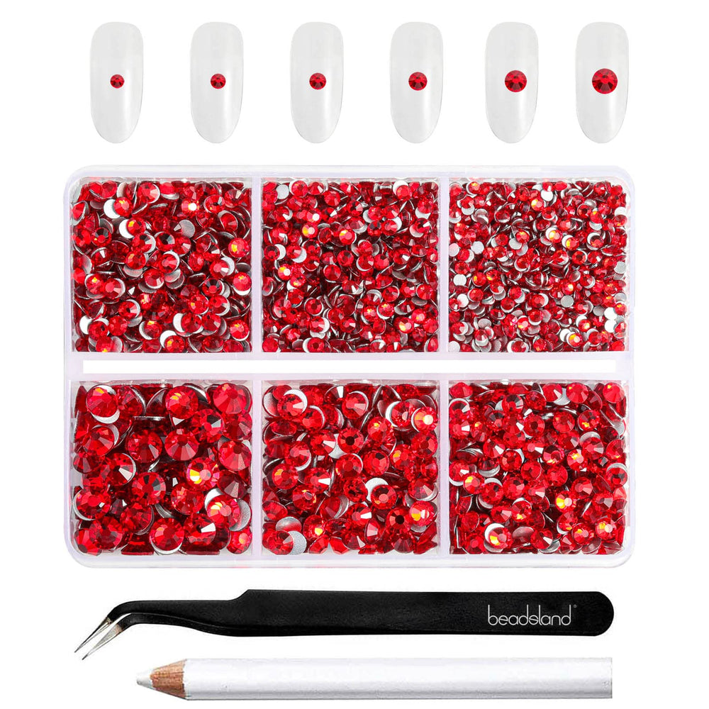 BEADSLAND boxed tray showing 4300 light red rhinestones organized by size, for easy selection