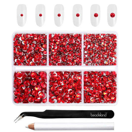 BEADSLAND boxed tray showing 4300 light red rhinestones organized by size, for easy selection