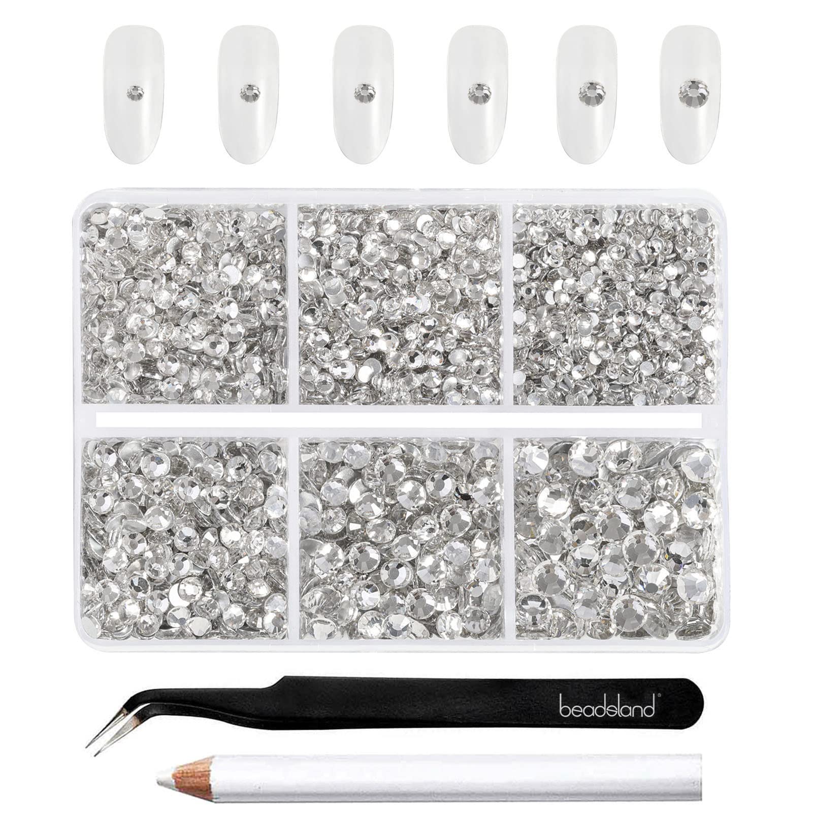 BEADSLAND compartment box showing 4300 clear rhinestones and organized sizes for quick use