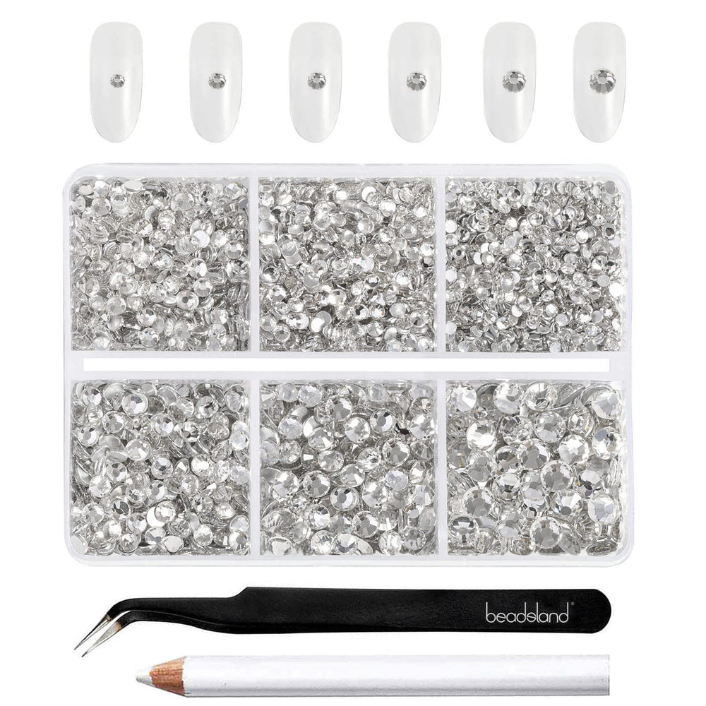BEADSLAND compartment box showing 4300 clear rhinestones and organized sizes for quick use