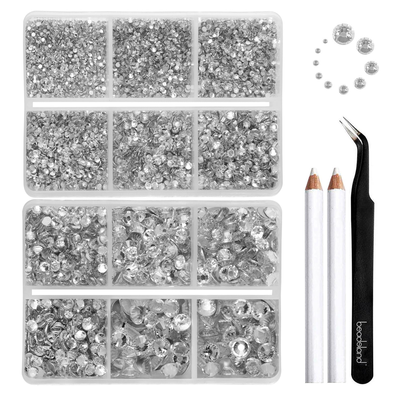 BEADSLAND front box view showing organized clear rhinestones and tool kit, easy storage benefit