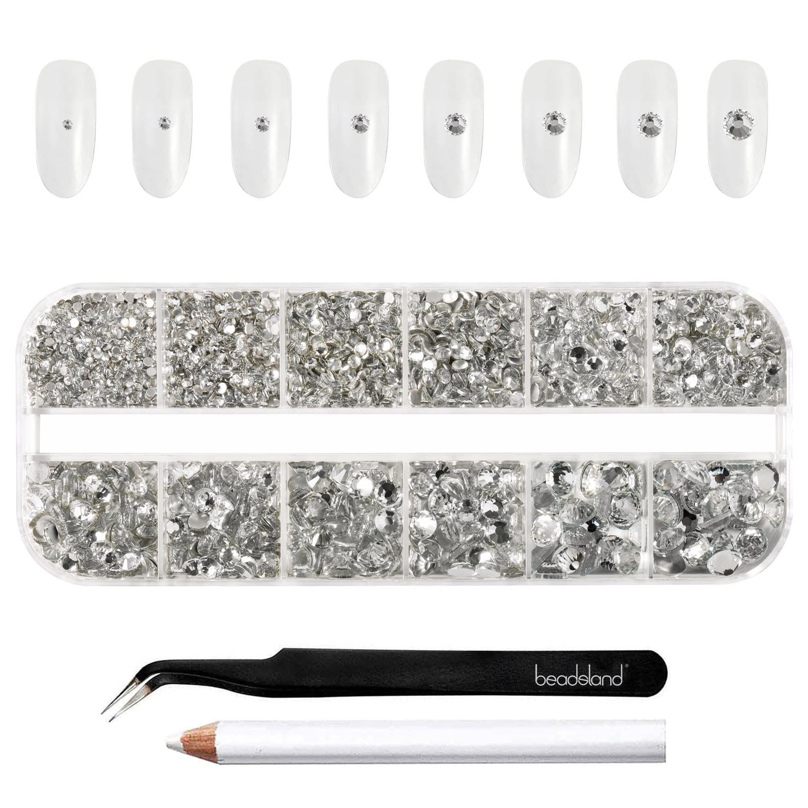 BEADSLAND front view of clear rhinestone kit showing sorted compartments and sparkle benefit