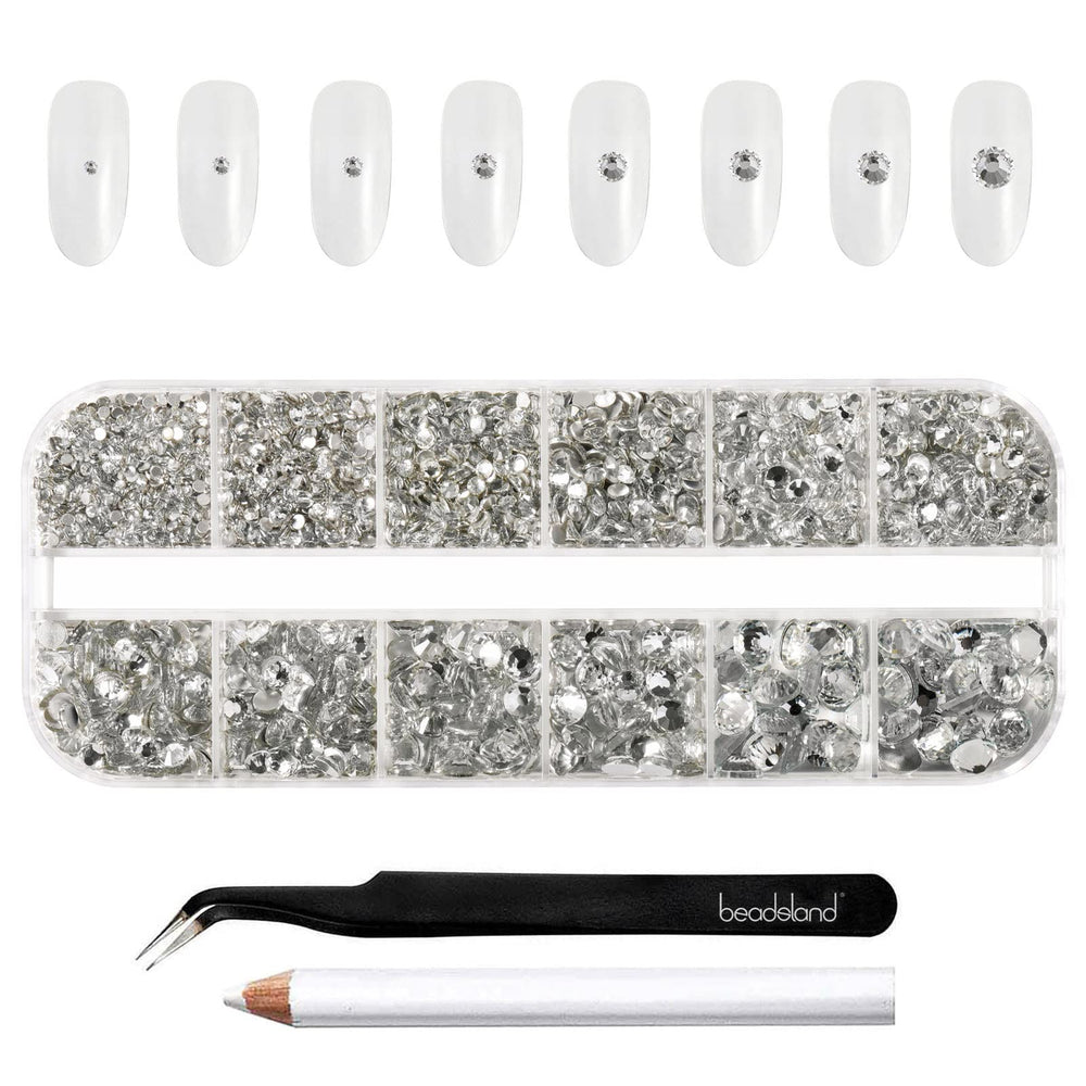 BEADSLAND front view of clear rhinestone kit showing sorted compartments and sparkle benefit
