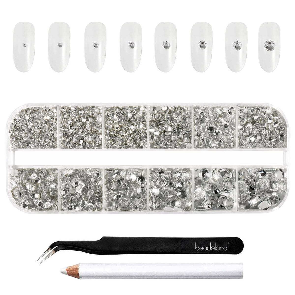BEADSLAND front view of clear rhinestone kit showing sorted compartments and sparkle benefit