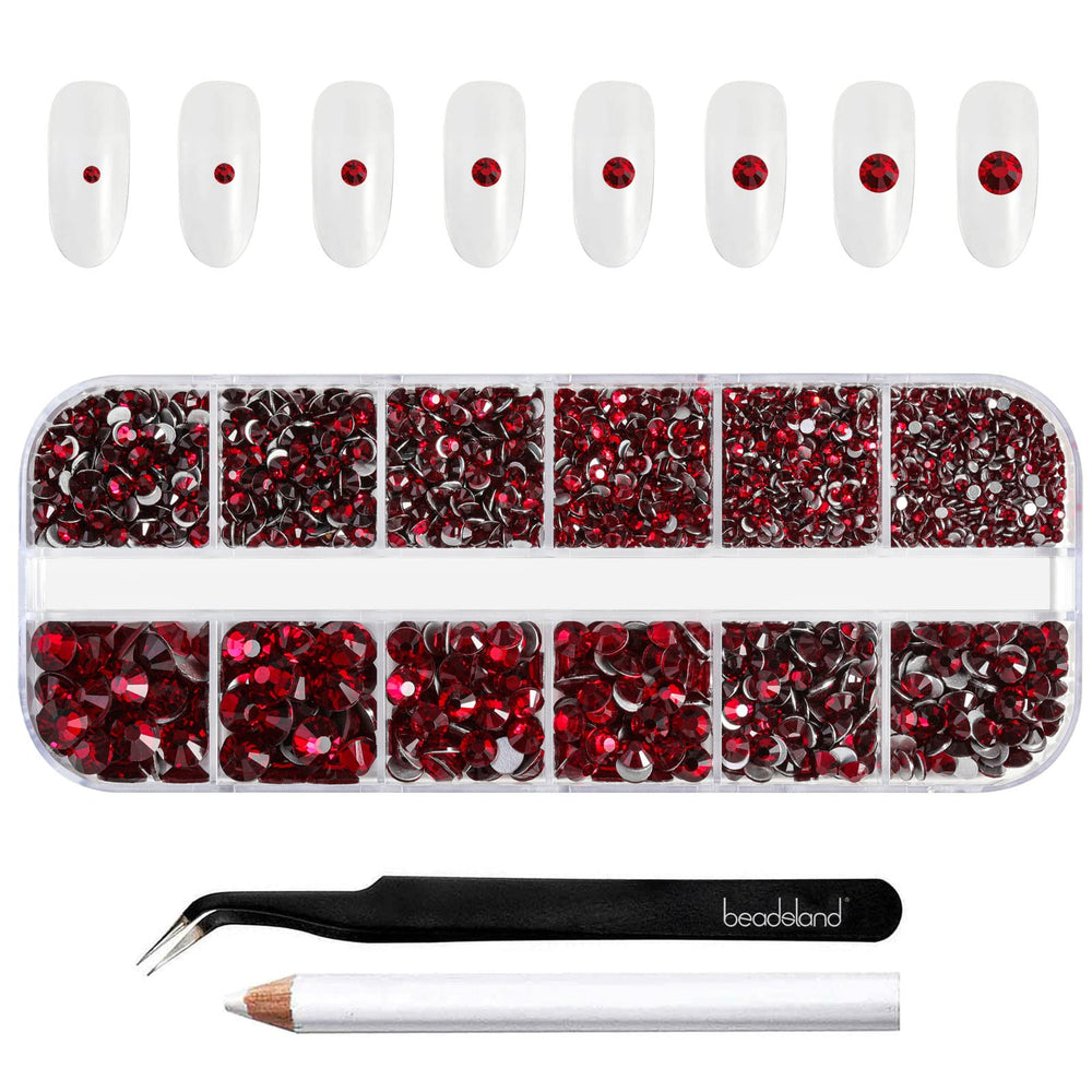 BEADSLAND front packaging showing 2500 dark red rhinestones and included tools for organization