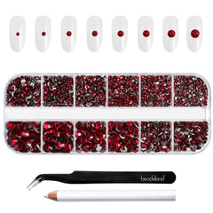 BEADSLAND front packaging showing 2500 dark red rhinestones and included tools for organization