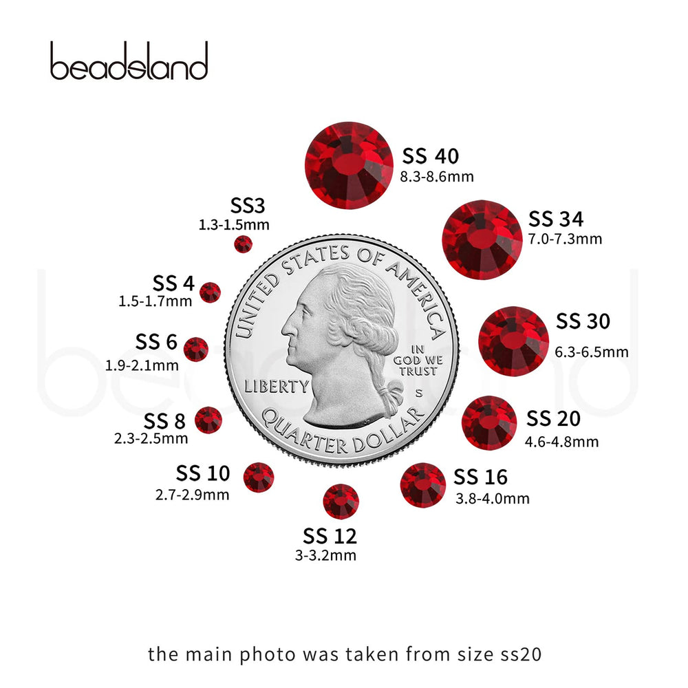 BEADSLAND size comparison SS30 next to ruler showing accurate 6.3–6.5mm scale