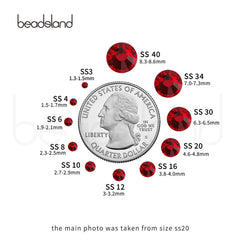 BEADSLAND size comparison SS30 next to ruler showing accurate 6.3–6.5mm scale