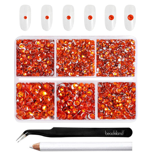 BEADSLAND front box showing organized orange rhinestones and included tools