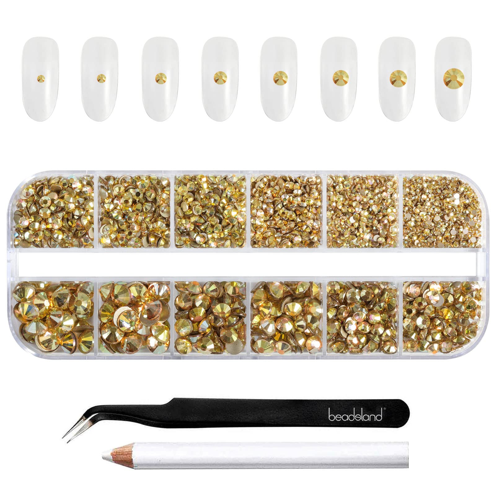 BEADSLAND front packaging showing gold rhinestone kit and included tools for easy selection