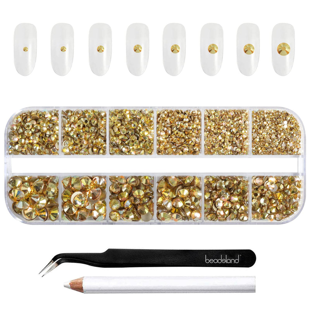 BEADSLAND front packaging showing gold rhinestone kit and included tools for easy selection