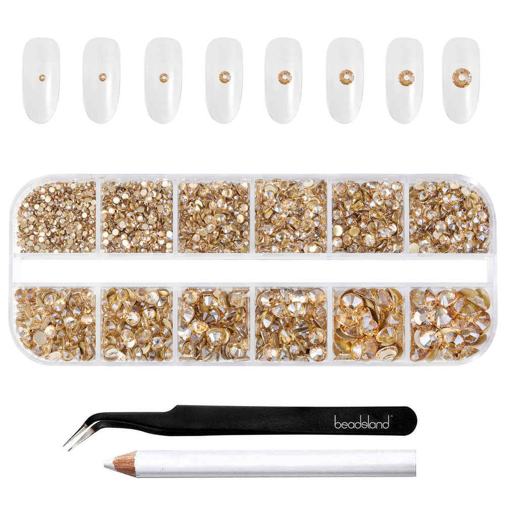 BEADSLAND front packaging showing gold flatback rhinestones and included tools for organized storage