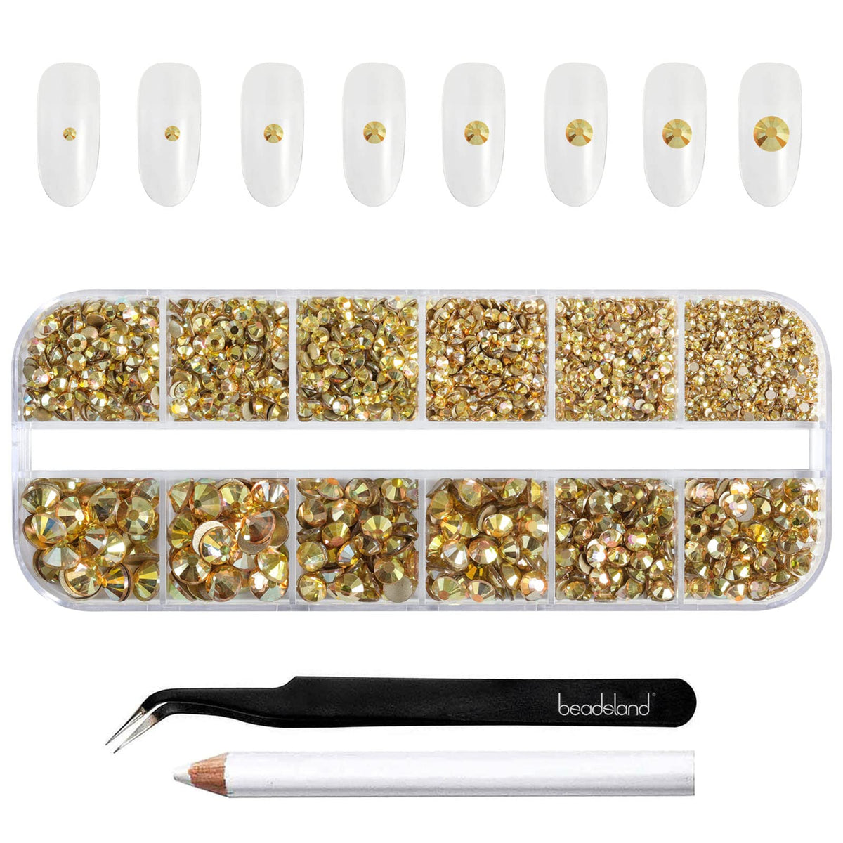 BEADSLAND front packaging showing gold rhinestone kit and included tools for easy selection
