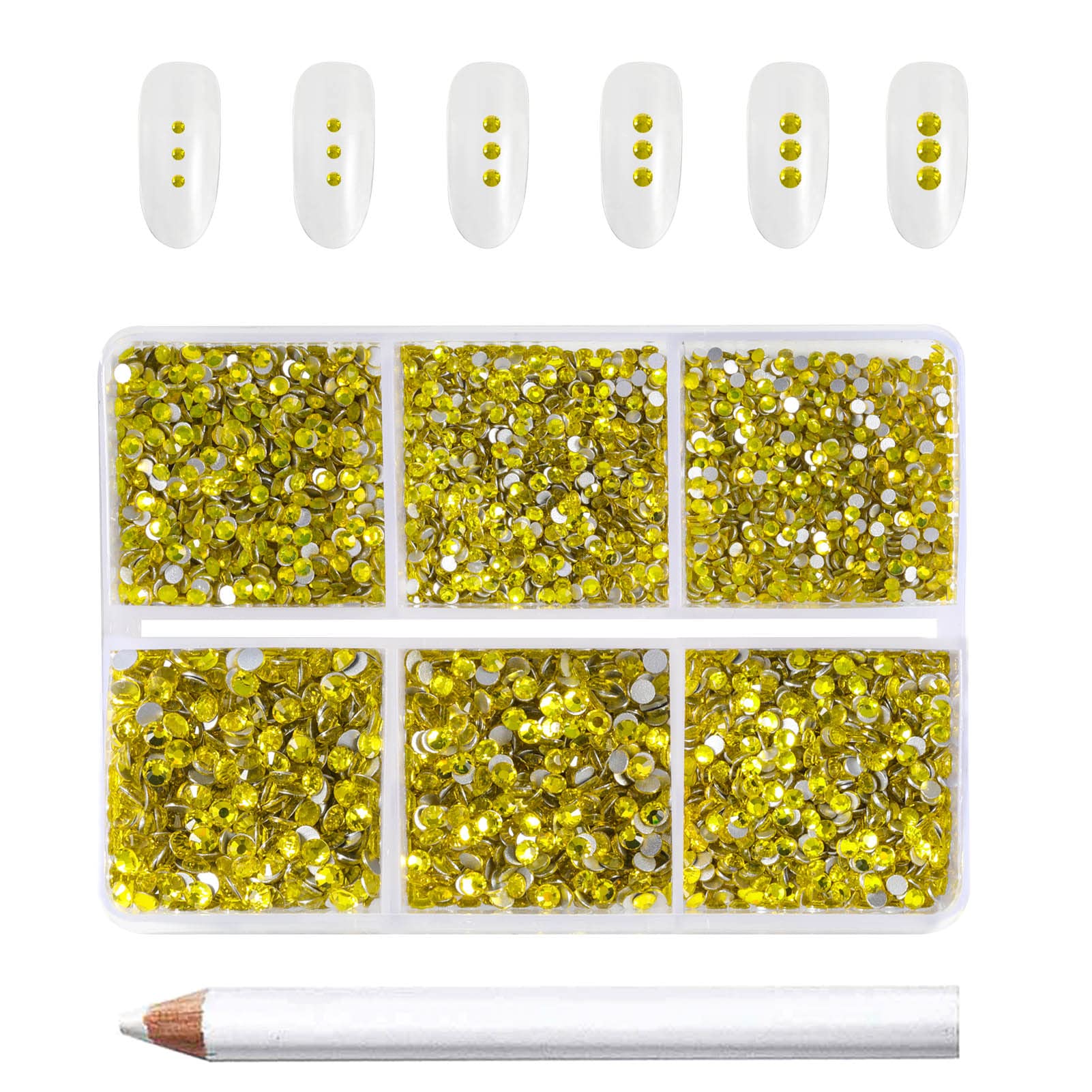 BEADSLAND front packaging showing 7200 yellow rhinestones and included wax pencil for organized use