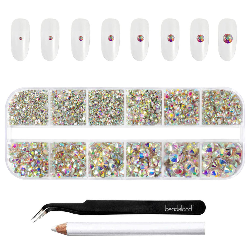 BEADSLAND front packaging showing 2500 crystal AB rhinestones and tools for organized storage
