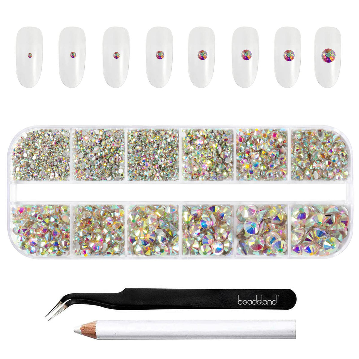 BEADSLAND front packaging showing 2500 crystal AB rhinestones and tools for organized storage