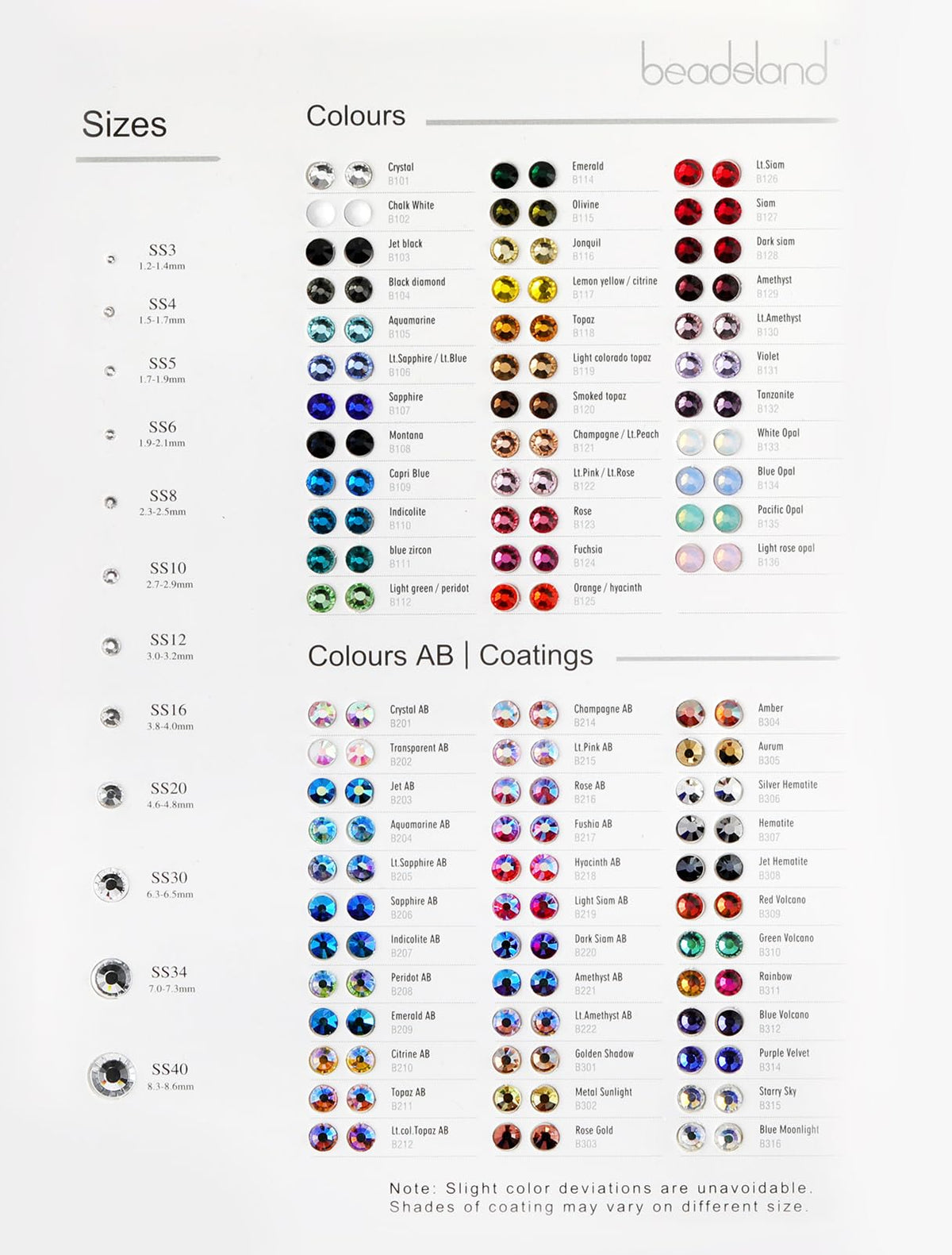 BEADSLAND front view of sample card showing 71 colors and coatings for quick selection