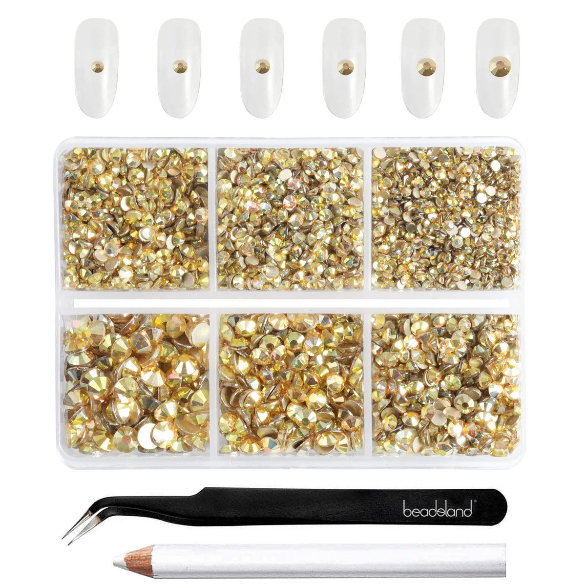 BEADSLAND gold rhinestones front packaging showing kit contents and tools