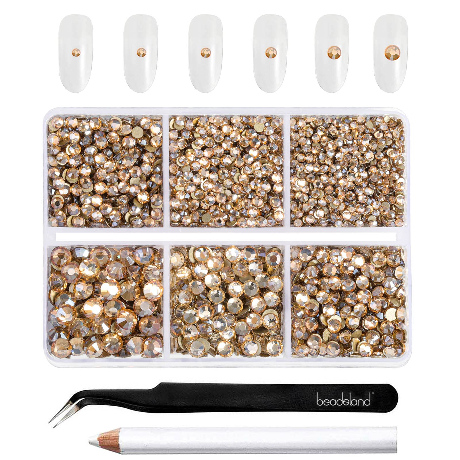 BEADSLAND front packaging showing golden shadow rhinestones and included tools for easy storage