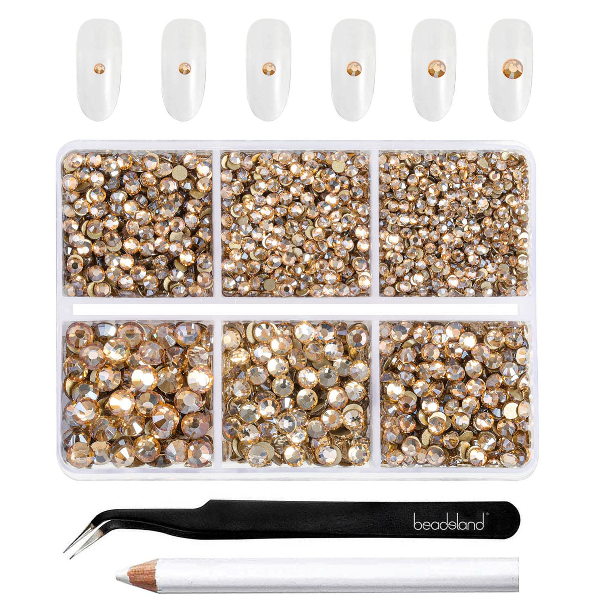 BEADSLAND front packaging showing golden shadow rhinestones and included tools for easy storage