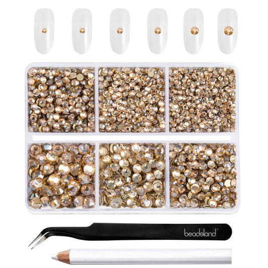 BEADSLAND front packaging showing golden shadow rhinestones and included tools for easy storage