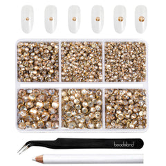 BEADSLAND front packaging showing golden shadow rhinestones and included tools for easy storage