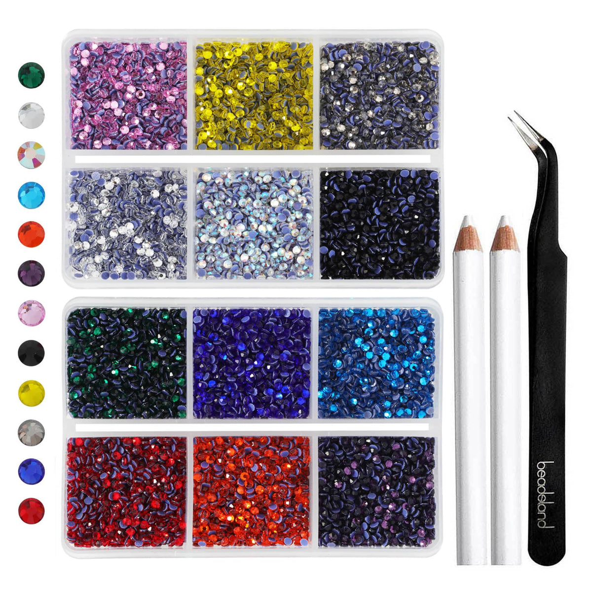 BEADSLAND front packaging showing organized 12-color rhinestone kit and tools for quick crafting