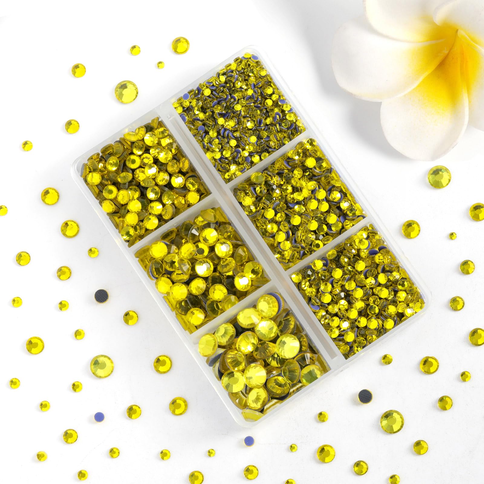 BEADSLAND close-up of lemon yellow rhinestone facets showing sparkle and secure hotfix adhesive