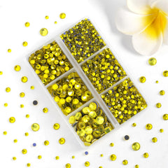 BEADSLAND close-up of lemon yellow rhinestone facets showing sparkle and secure hotfix adhesive