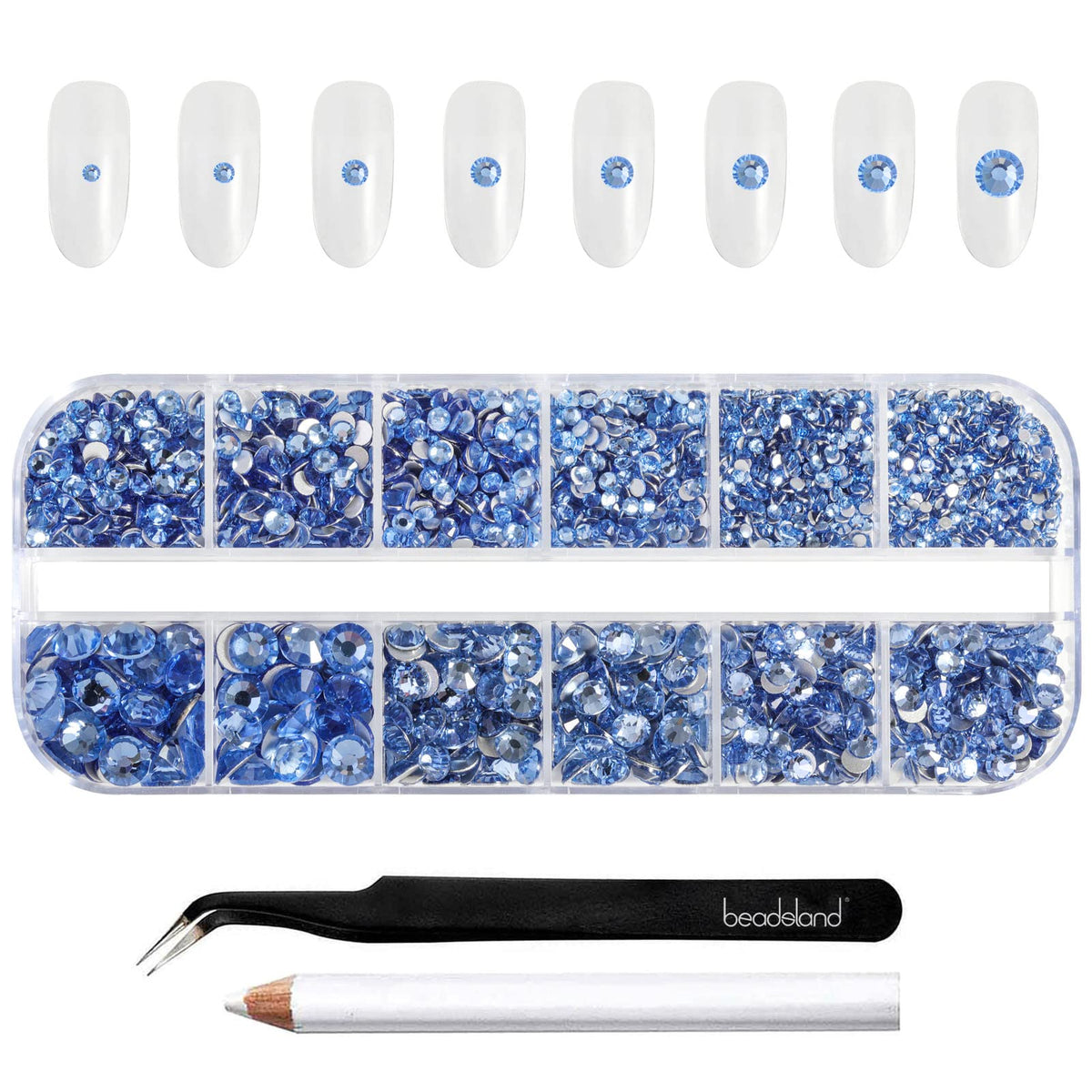 BEADSLAND front packaging showing 2500 light sapphire rhinestones and tools for easy selection