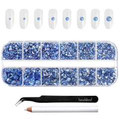 BEADSLAND front packaging showing 2500 light sapphire rhinestones and tools for easy selection